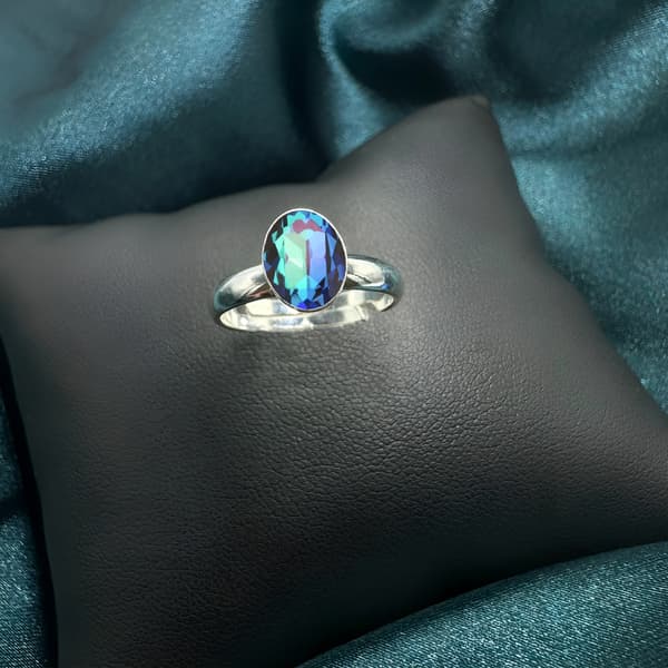 Silverring med märkt kristall - Bermudablå - 925 Silver - Justerbar silverring för kvinnor