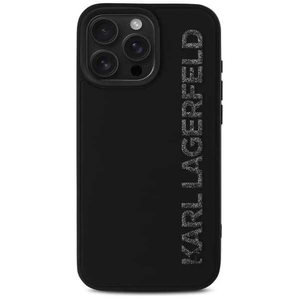 Karl Lagerfeld HC 3D gummi-aflangt glitter-cover til iPhone 16 Pro, sort