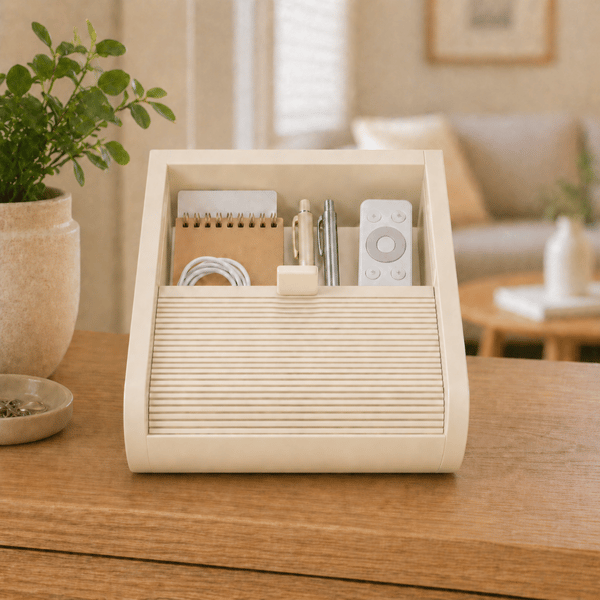 Liten beige ask med skjutbart lock