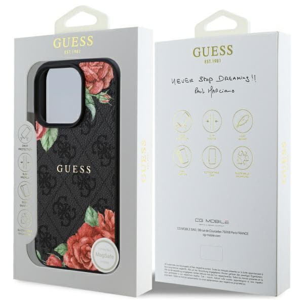 Guess 4G Blomsterprint MagSafe-etui til iPhone 16 Pro, sort