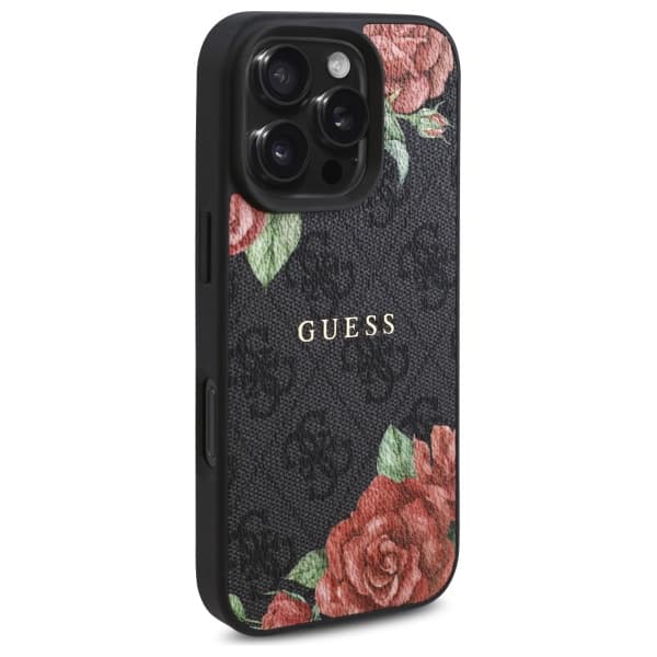 Guess 4G Blomsterprint MagSafe-etui til iPhone 16 Pro, sort