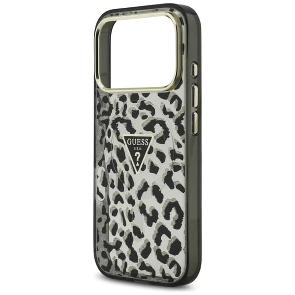 Guess Leopard Glitter MagSafe -kotelo iPhone 17 Prolle, musta