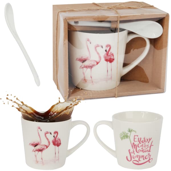 Flamingo keramisk mugg och sked presentset