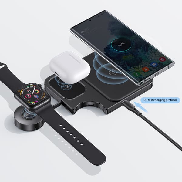 USAMS 3-i-1 15W trådløs oplader, sort