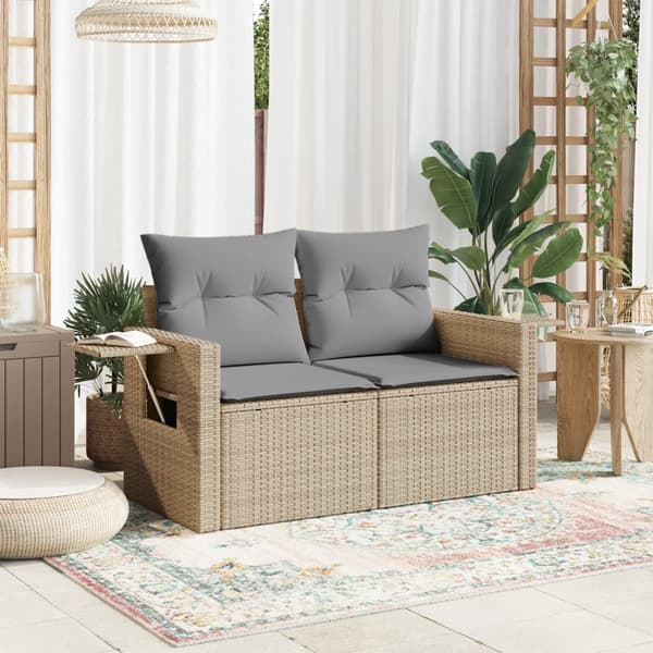 vidaXL Trädgårdssoffa med kuddar, 2-sits, beige, polyrotting