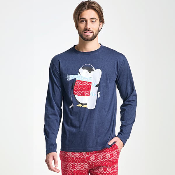 Herrpyjamas med broderi, bekväma sovkläder, blå Herrpyjamas med broderi, bekväma sovkläder, blå