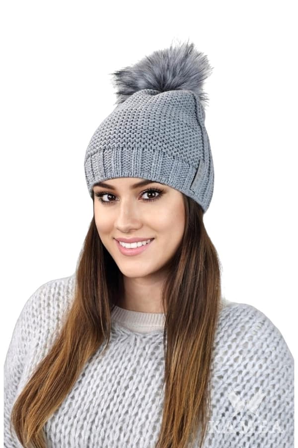 FIONA vintermössa i fleece med pompom, grå, dam