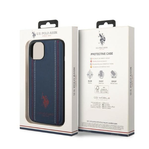 US Polo Læder Stitch Cover til iPhone 14 Plus, Marineblå