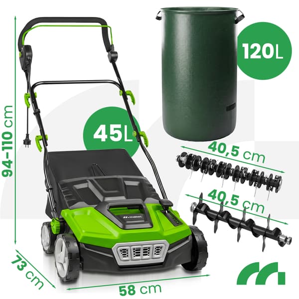 Elektrisk vertikalskärare, luftare, 45 l korg, arbetsbredd 38 cm