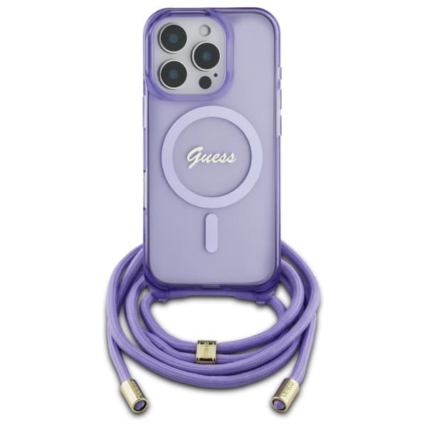 Guess Crossbody Cord Script MagSafe-etui til iPhone 16 Pro Max, lilla