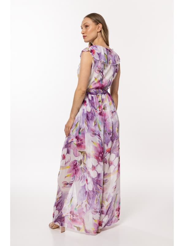 V-hals chiffon maxikjole med lilla blomstermønster S