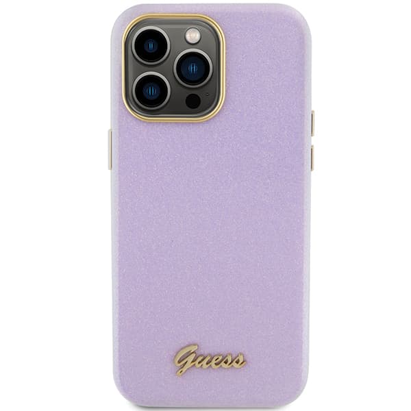 Guess Glitter Glossy Script cover til iPhone 15 Pro, lilla/lilla