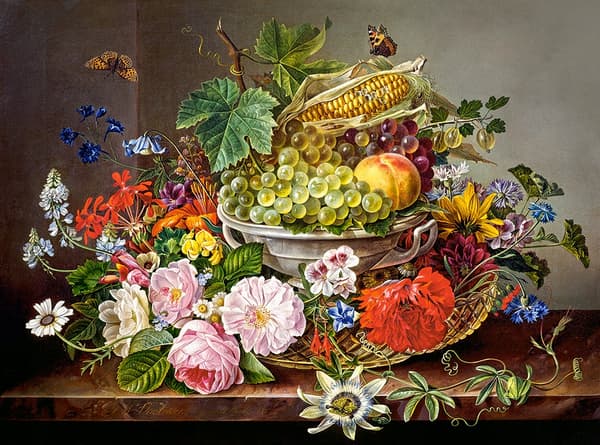 Pussel 2000 bitar stilleben med blommor och fruktkorg