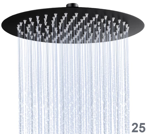 Duschmunstykke i stål, tyndt, rundt, 25 cm, smalt, sort