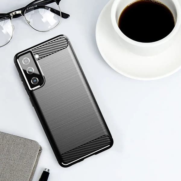 ETUI TIL GALAXY S21 FE ARMOR CARBON SORT + 9H HÆRDET GLAS