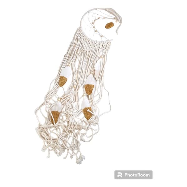 Macrame Drømmefanger Boho Måne Guld Fjer