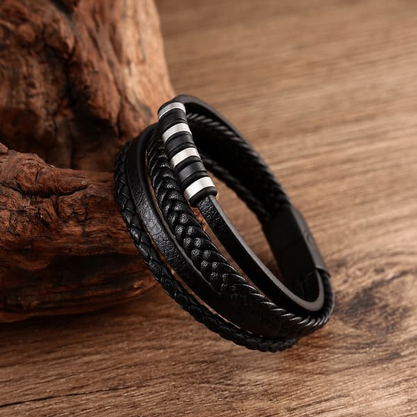 HERRLÄDERARMBAND SILVERFLÄTAT LÄDER GÅVA TILL HANDEN SVART