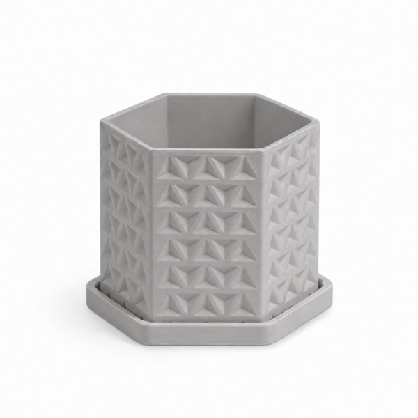 Modern grå geometrisk 3D-blomkruka med fat och dränering