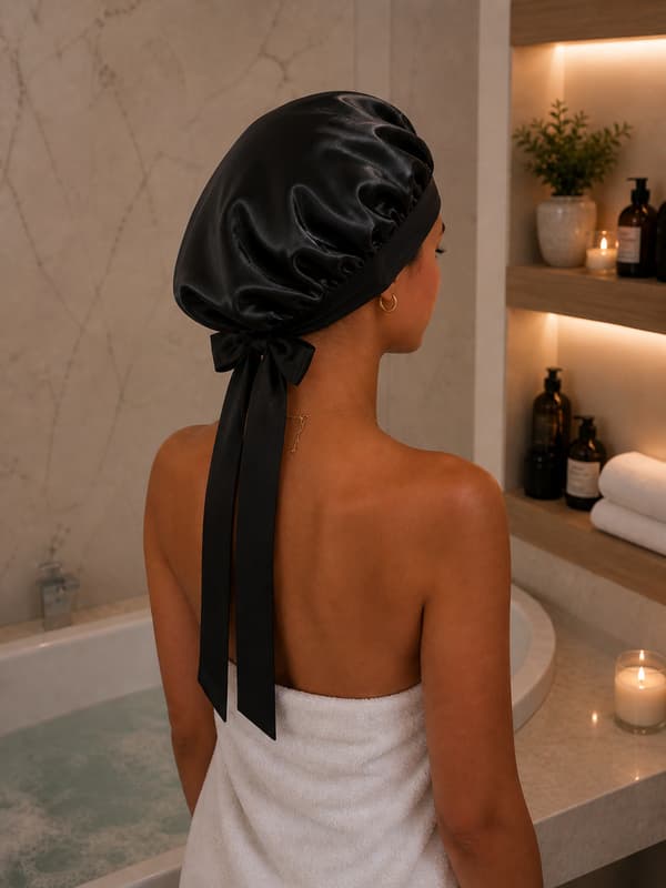 Sidenmössa, sovmössa i satinhår med pannband