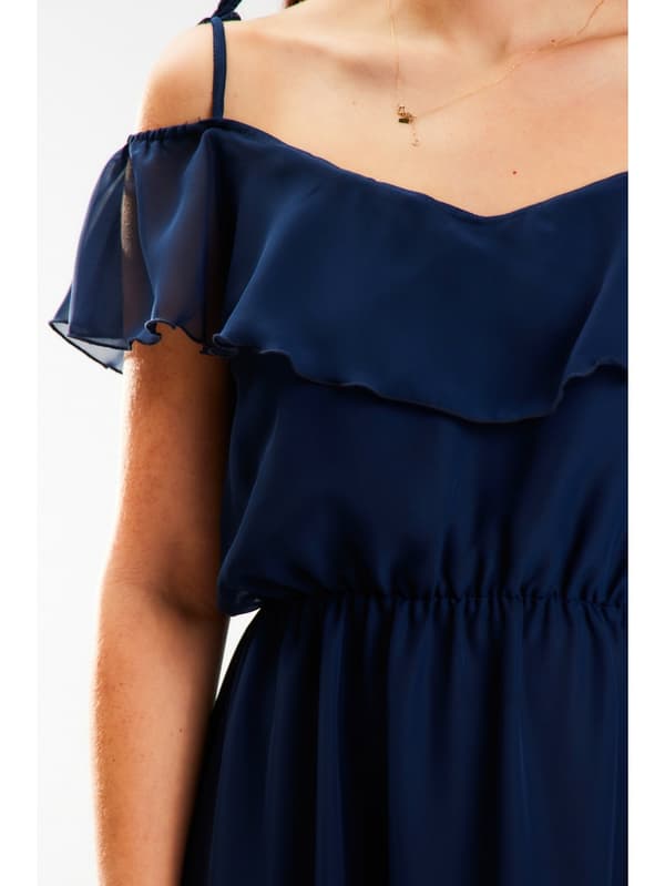 Off-shoulder kjole, chiffon maxi, marineblå M