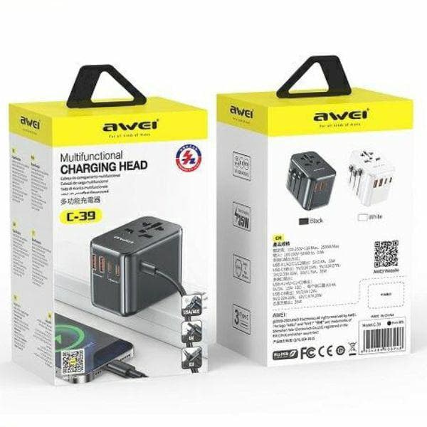 AWEI 2xUSB+3xUSB-C C-39 35W 4-i-1 netværksadapter US/AU/EU/UK sort
