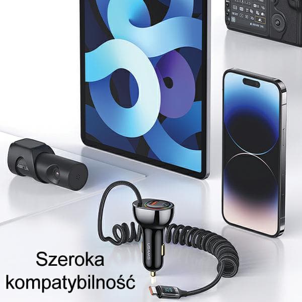 USAMS C37 Biloplader 1xUSB+1xUSB-C 60W + USB-C 30W PD+QC Hurtigopladerkabel Sort