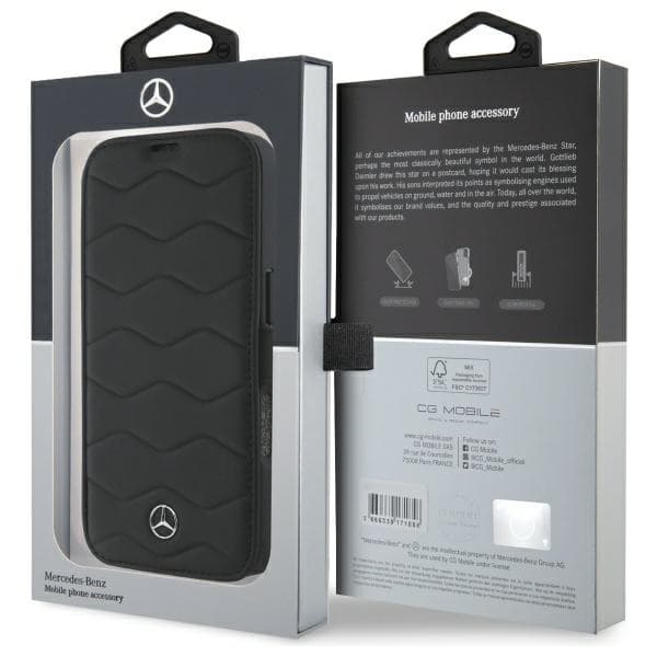 Mercedes MB Waves Læder Flip-etui til iPhone 16 Pro Max, Sort
