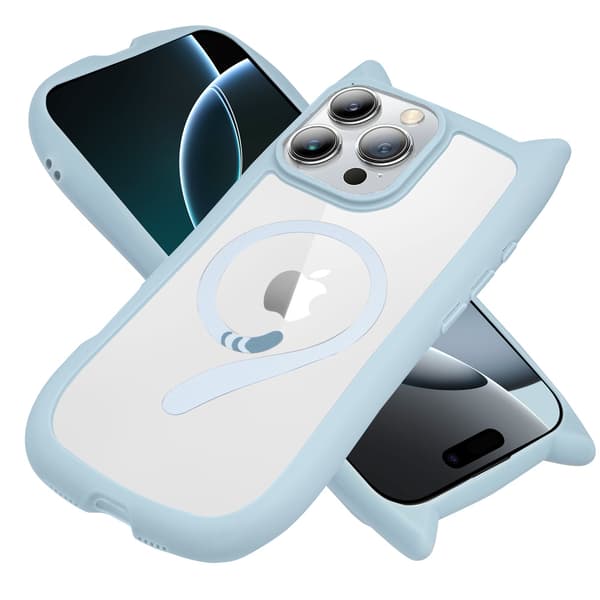 iPhone 16 Pro Max -kotelo, MagSafe, söpö kissa, sininen + näytönsuoja