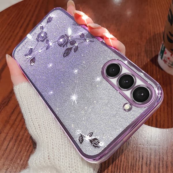 Samsung Galaxy S23+ Plus cover, glitterblomst, lilla