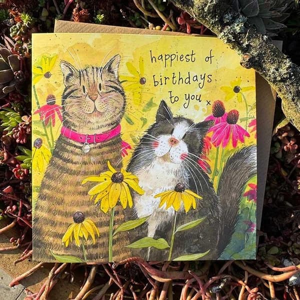 Födelsedagskort 2 katter i blommor