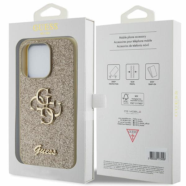 Guess Glitter Script Big 4G -suojakuori iPhone 15 Prolle, kulta