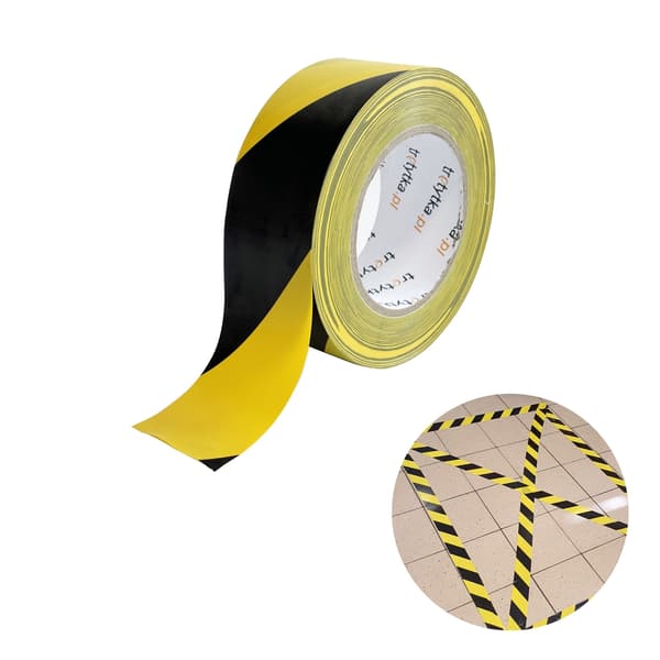 PVC-varoitusteippi, itseliimautuva, 48 mm x 50 m, keltainen/musta