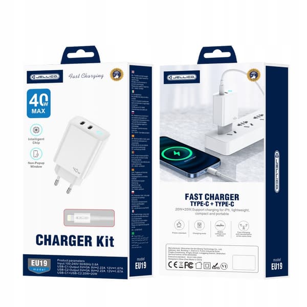 Kraftig 40W 2xUSB C vægoplader + USB C - Lightning-kabel JELLICO