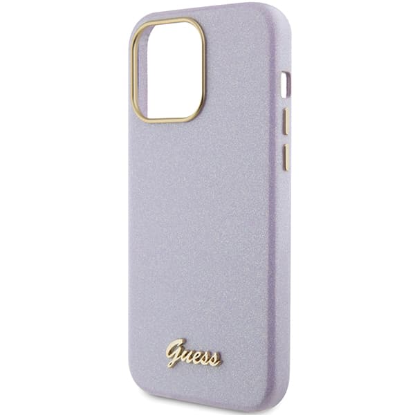 Guess Glitter Glossy Script cover til iPhone 15 Pro, lilla/lilla