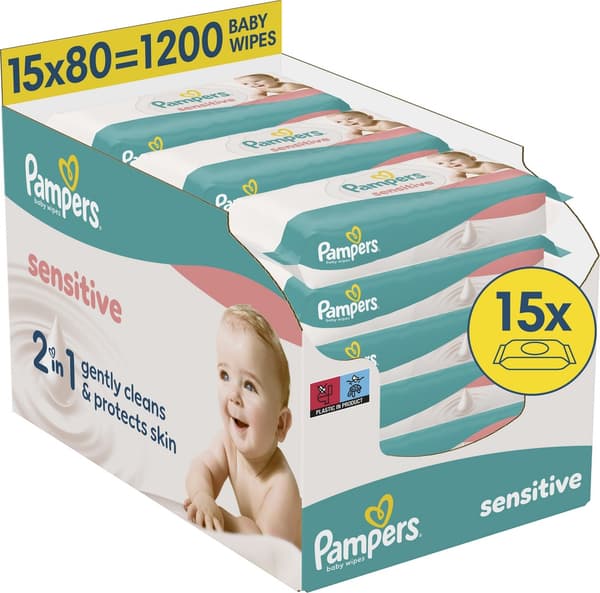 Pampers Sensitive våtservetter för babyn, set 15 x 80 st