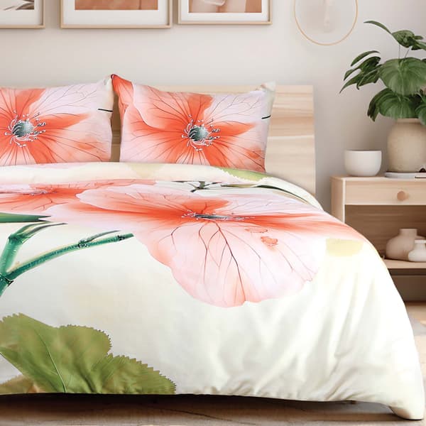 Sengesæt 220x200 SATIN BOMULD digitalprint stor blomst creme baggrund