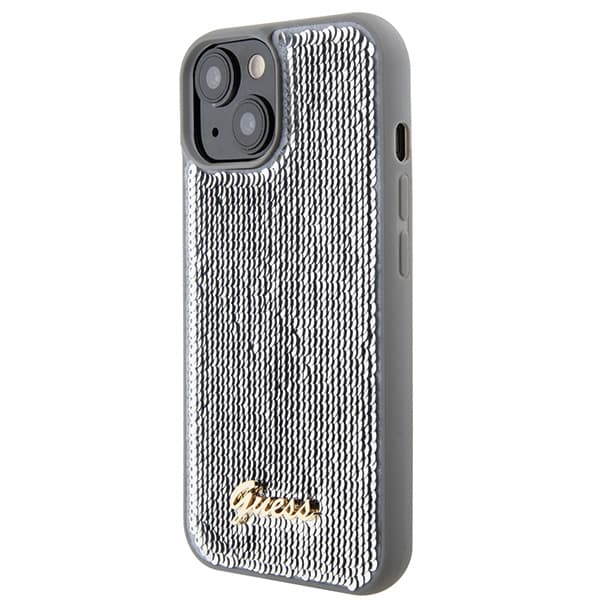 Guess Sequin Script Metal-skal till iPhone 15, silver/silver