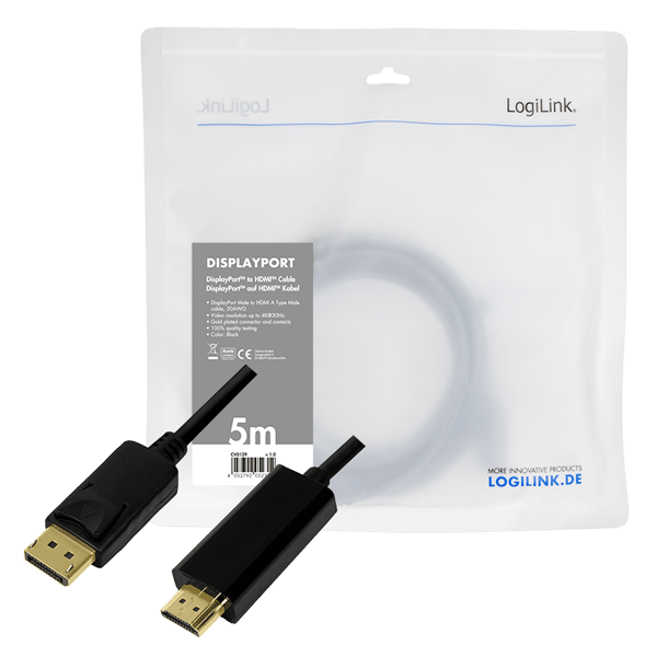 LogiLink DisplayPort til HDMI-kabel, 4K/30 Hz, DP/M til HDMI-A/M, sort, 5 m