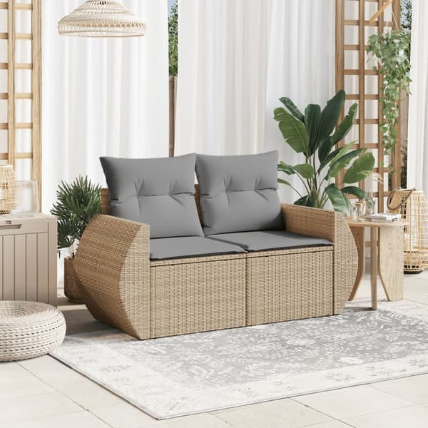 vidaXL Trädgårdssoffa med kuddar, 2-sits, beige, polyrotting
