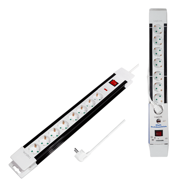 8-stiks strømskinne + afbryder, hvid, CEE 7/3, 3m, Logilink