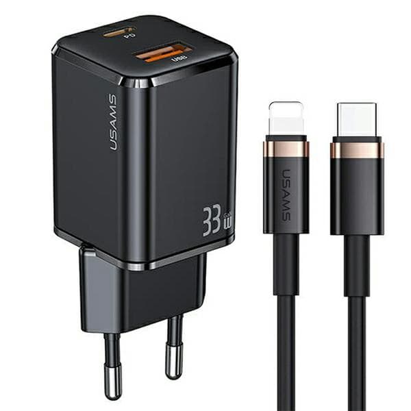 USAMS Vægoplader 1xUSB-C + 1xUSB T43 33W PD3.0 + QC3.0 + U63 USB-C til Lightning Kabel Sort