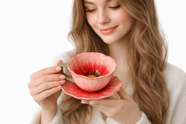 Keramisk kopp och fat, blomformad, 300 ml, dekorerad