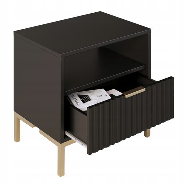 Sort sengebord med rillet front, guld glamour sengebord