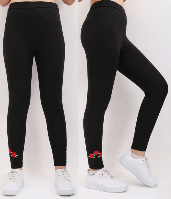 PIGELEGGINGS BENBUKS SORTE BRODEREDE ROSER 164 H005R