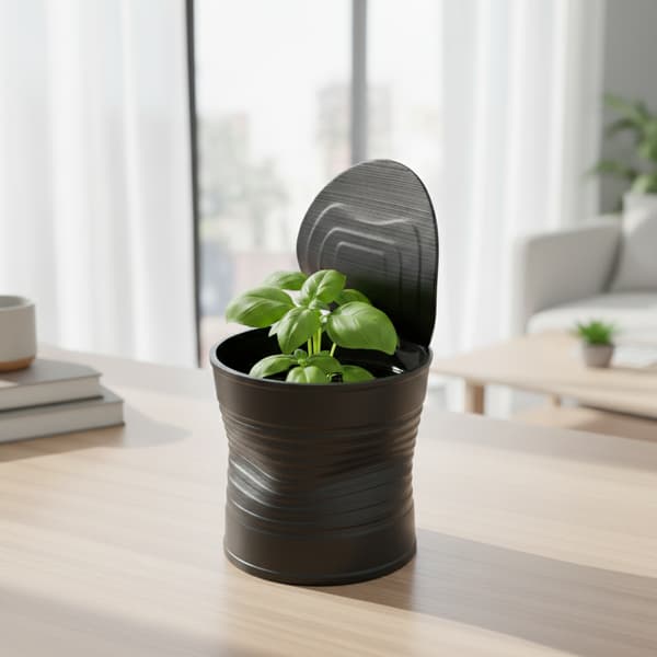 Sort urtepotte formet som en knust plantedåse, moderne design