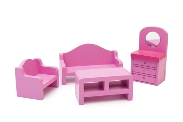 Trämöbelset till dockskåp, rosa