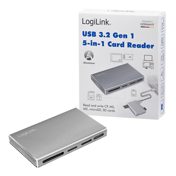 LogiLink 5-i-1 USB 3.2 Gen1 kortlæser, aluminium, SD/microSD/MS/CF/M2