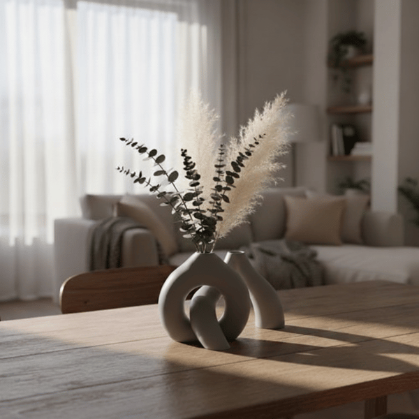 En ringformet vase med fletninger, grå, minimalistisk, til blomster.