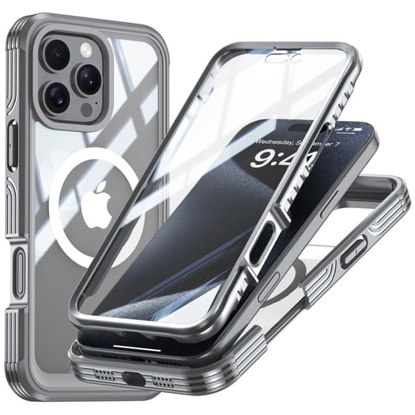 Stötsäkert skal med glas till iPhone 16 Pro Max, grått