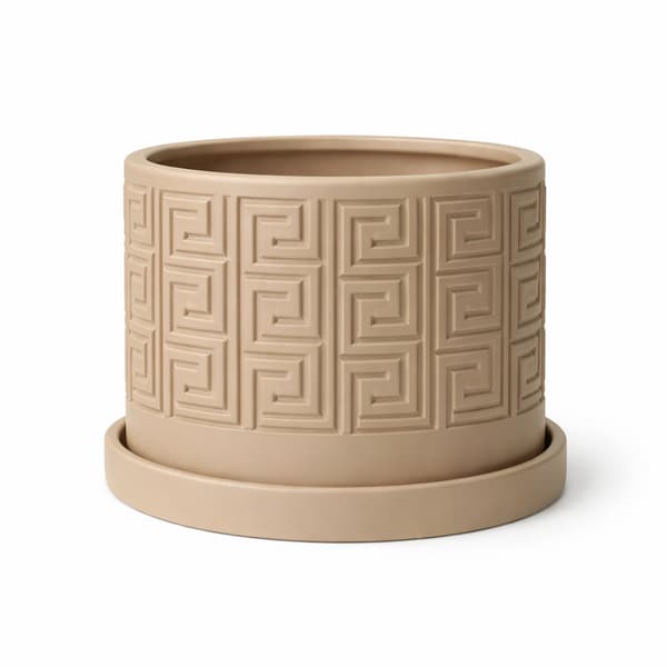 Moderne beige urtepotte med underkop i geometrisk mønster